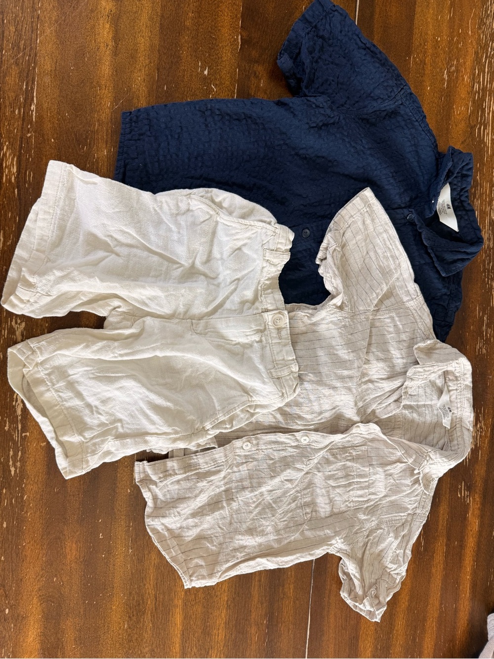H&M Navy Blue and Beige Kids Button Down Shirts w Beige Linen shorts
